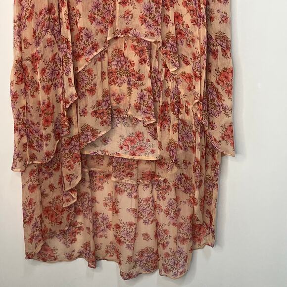 The Kooples Paris S Cottagecore Ruffle Midi Dress Tan Pink Floral Flowy Chiffon - Picture 4 of 16